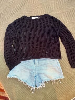 LOFT Black Crochet Open-Weave Cropped Crew Sweater